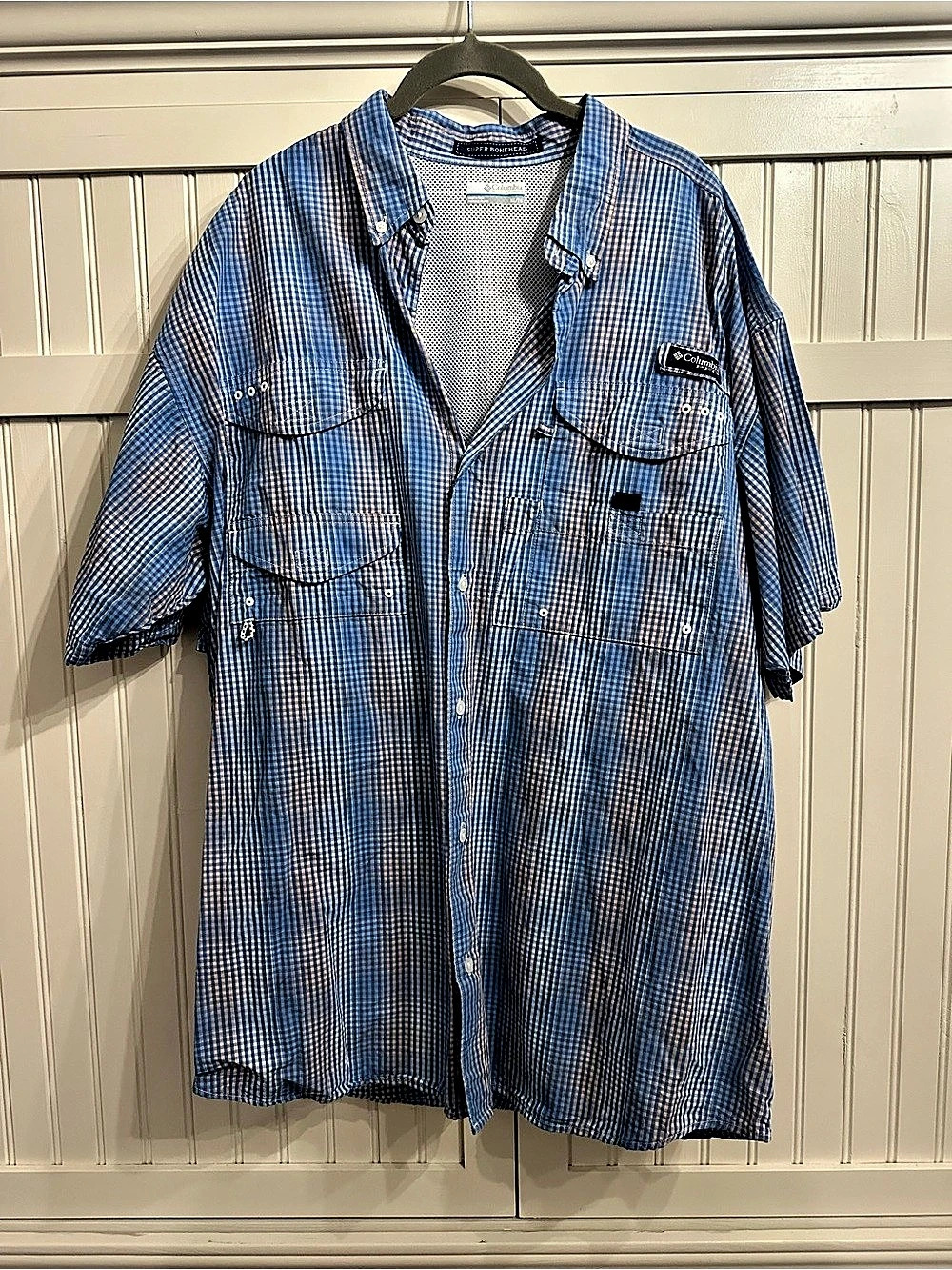Columbia Super Bonehead Classic Short Sleeve Shirt Checkered Blue/White XL